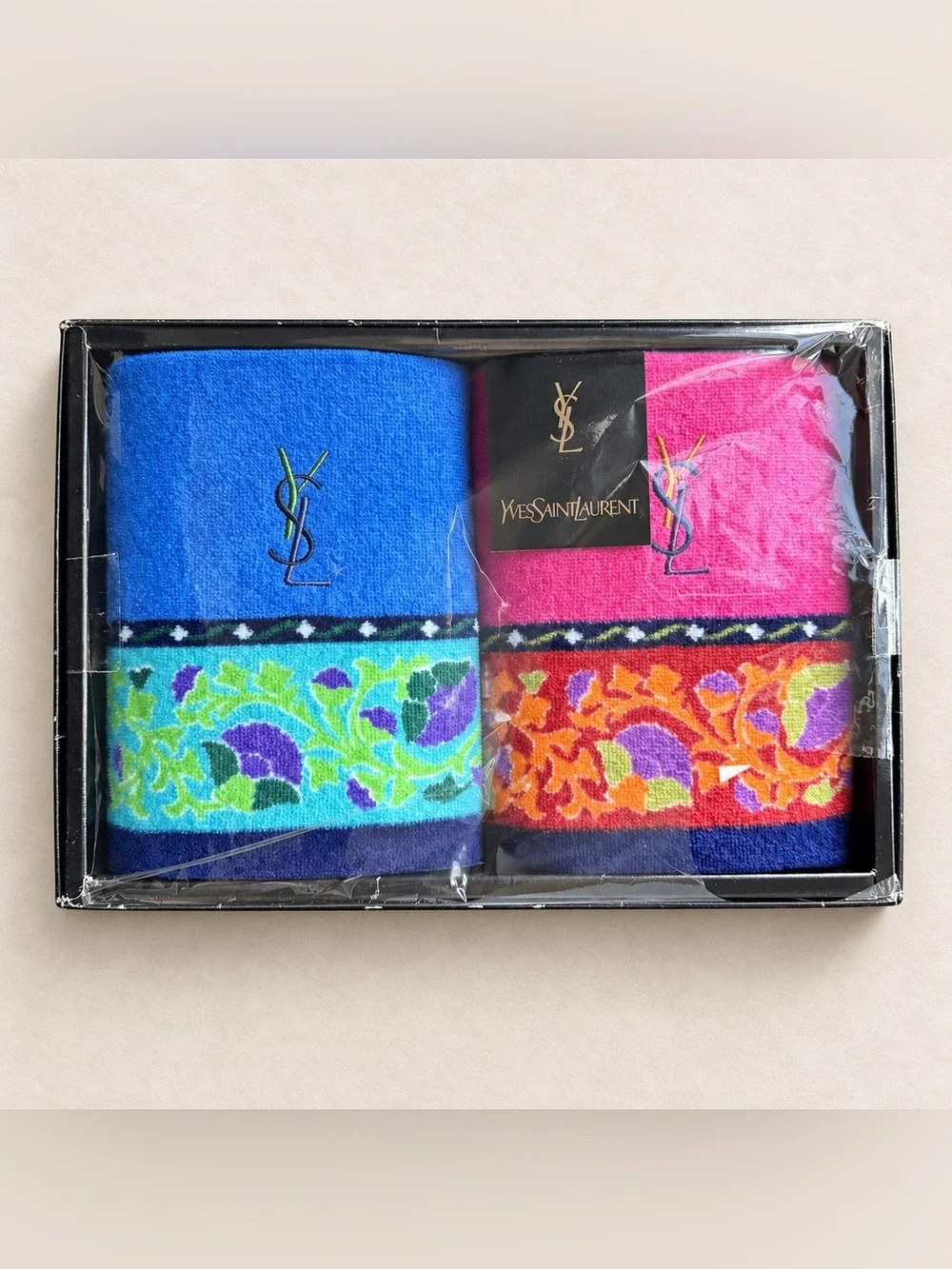 Vintage Yves Saint Laurent YSL 2-Piece Floral Towel Set Japan Boxed